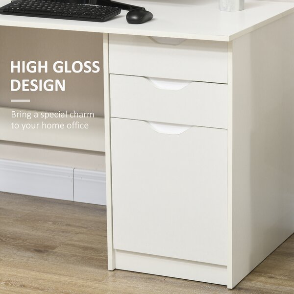 HOMCOM High Gloss Computer Desk with Drawers, Modern Writing Workstation with Storage Cabinet, PC Study Table for, Office, Study, White Aosom UK