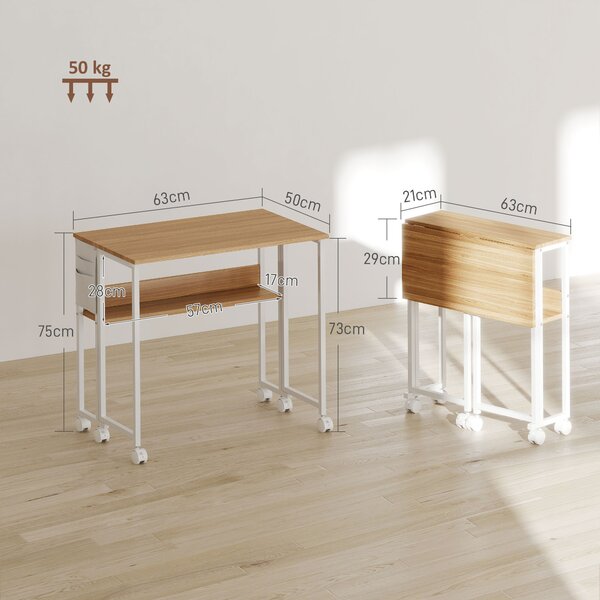 HOMCOM 63 cm Drop Leaf Writing Work Desk - Natural Wood Finish