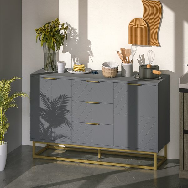 HOMCOM Modern Storage Cabinet Freestanding Cupboard with 3 Drawers for Dining Room, Living Room, Grey Aosom UK
