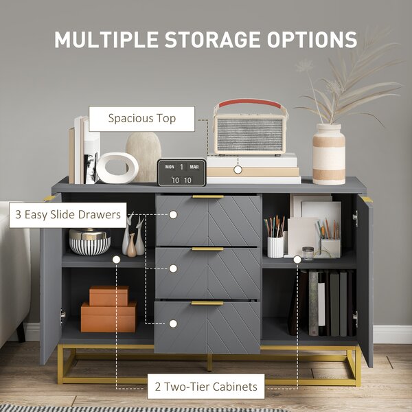 HOMCOM Modern Storage Cabinet Freestanding Cupboard with 3 Drawers for Dining Room, Living Room, Grey Aosom UK