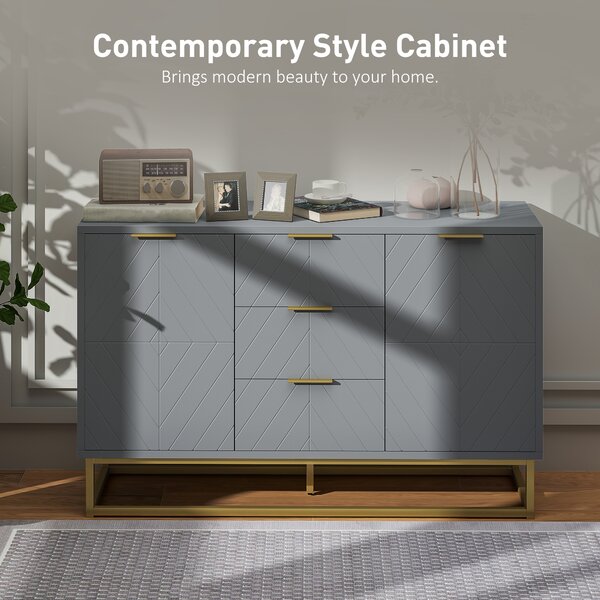 HOMCOM Modern Storage Cabinet Freestanding Cupboard with 3 Drawers for Dining Room, Living Room, Grey Aosom UK