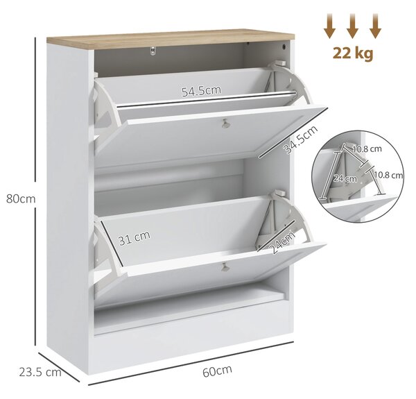 HOMCOM Narrow Shoe Cabinet with 2 Flip Drawers and Adjustable Shelves - White