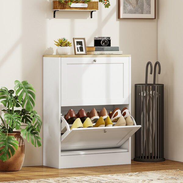 HOMCOM Narrow Shoe Cabinet with 2 Flip Drawers and Adjustable Shelves - White