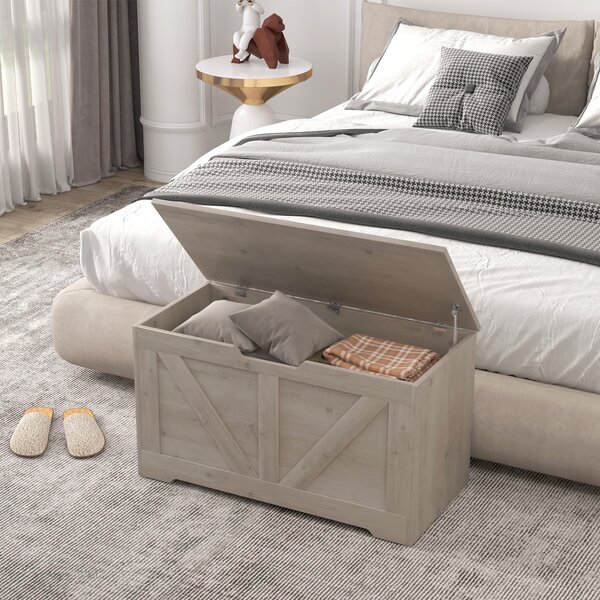 HOMCOM 100L Home Storage Box, with Safety Hinges - White Wood-Effect Aosom UK