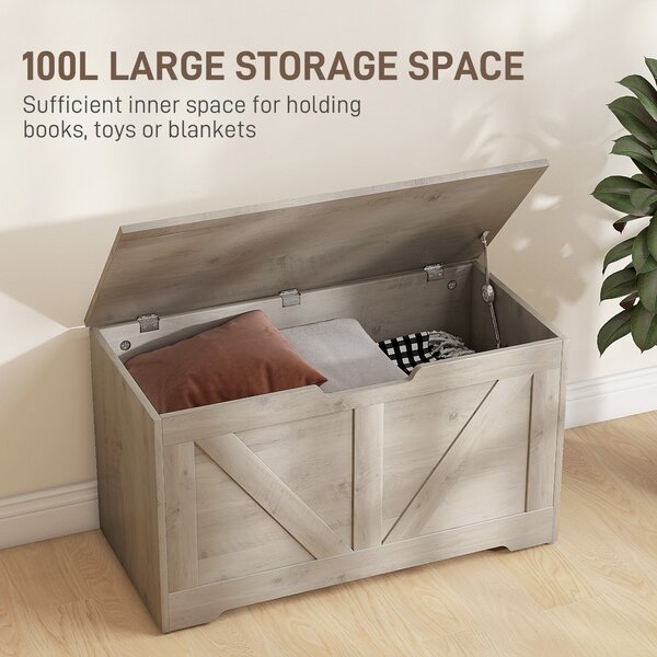 HOMCOM 100L Home Storage Box, with Safety Hinges - White Wood-Effect Aosom UK