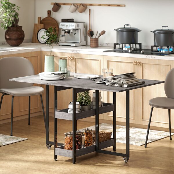 HOMCOM Industrial Folding Dining Table, Drop Leaf Table with Open Compartments for Small Spaces, Kitchen, Dining Room, Grey