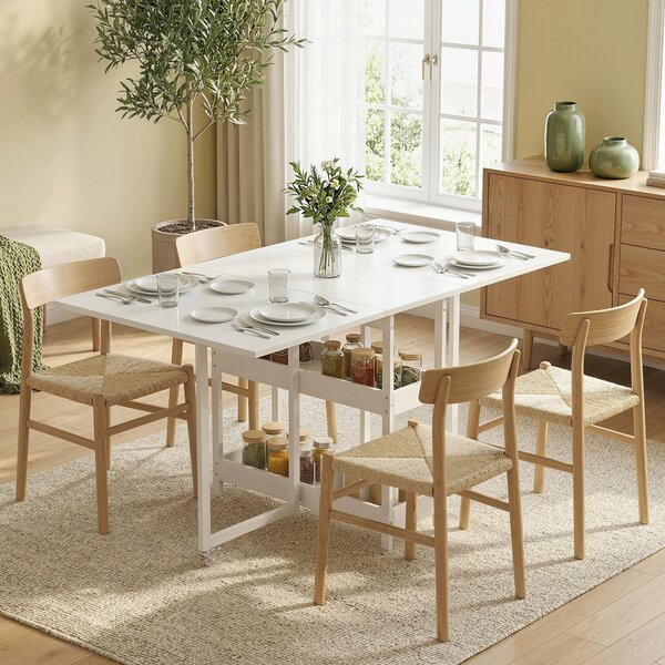 HOMCOM Industrial Folding Dining Table, Drop Leaf Table with Open Compartments for Small Spaces, Kitchen, Dining Room, White
