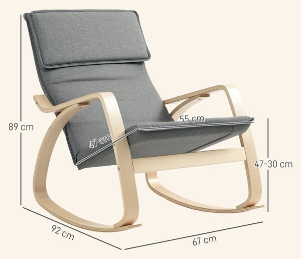 HOMCOM Comfortable Relax Rocking Chair, Upholstered Lounge Chair Recliner with High Back and Headrest for Living Room, Bedroom, Grey