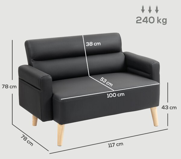 HOMCOM Small Faux Leather 2 Seater Sofa Settee - Black
