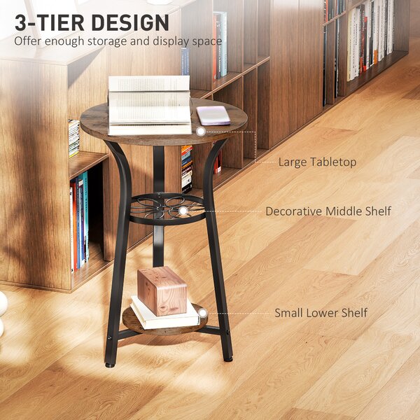 HOMCOM Small Round Side Table with 3 Storage Shelves, Modern End Table for Living Room or Bedroom, Rustic Brown Aosom UK