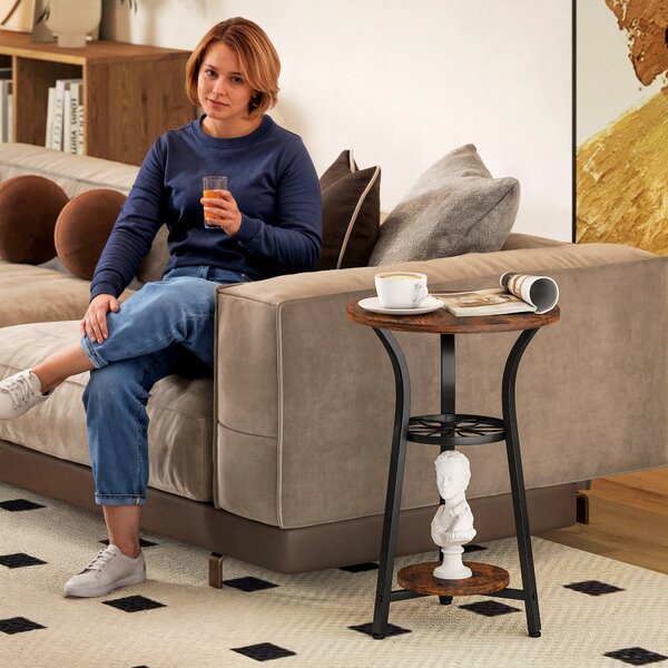 HOMCOM Small Round Side Table with 3 Storage Shelves, Modern End Table for Living Room or Bedroom, Rustic Brown Aosom UK