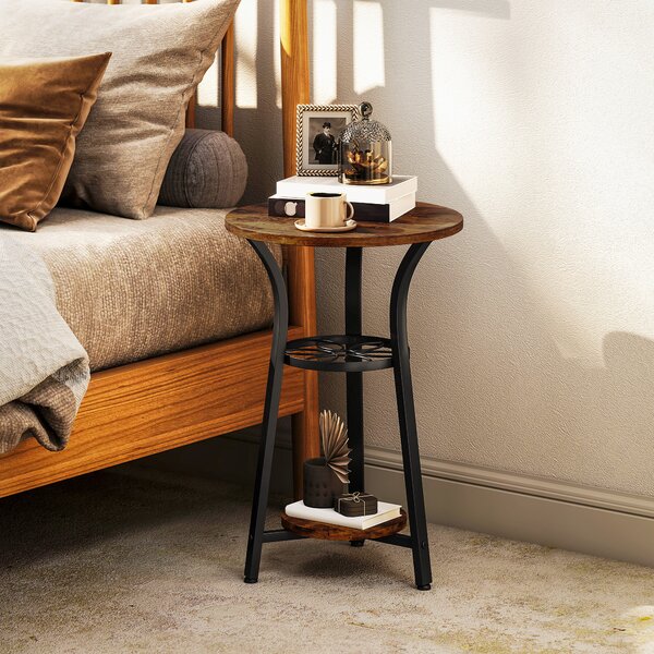 HOMCOM Small Round Side Table with 3 Storage Shelves, Modern End Table for Living Room or Bedroom, Rustic Brown Aosom UK