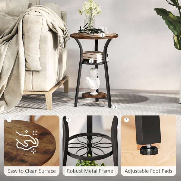 HOMCOM Small Round Side Table with 3 Storage Shelves, Modern End Table for Living Room or Bedroom, Rustic Brown Aosom UK