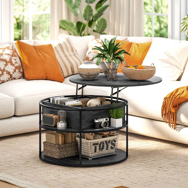 HOMCOM Lift Top Coffee Table, Round Coffee Table with Storage Shelf, Hidden Compartment and Steel Frame for Living Room, Home Office, Charcoal Grey