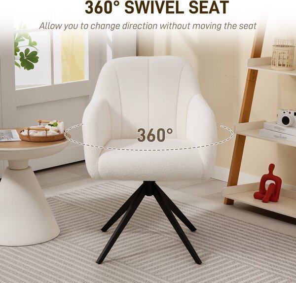 HOMCOM 360° Swivel Accent Chair, Teddy Fleece Fabric Armchair, Upholstered Tufted Vanity Chair with Steel Legs for Living Room, Bedroom, Home Office, White