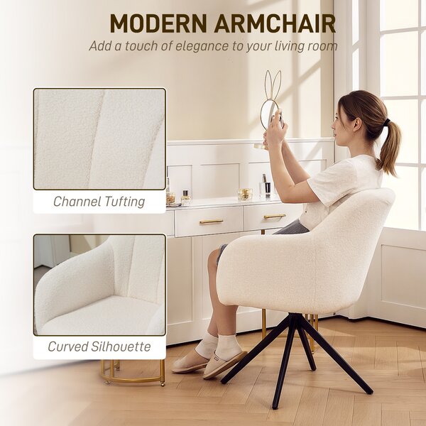 HOMCOM 360° Swivel Accent Chair, Teddy Fleece Fabric Armchair, Upholstered Tufted Vanity Chair with Steel Legs for Living Room, Bedroom, Home Office, White