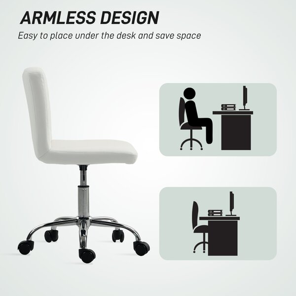 HOMCOM PU Leather Armless Office Chair, Modern Vanity Computer Swivel Chair with Rolling Wheels and Adjustable Height for Home Study, Bedroom, White