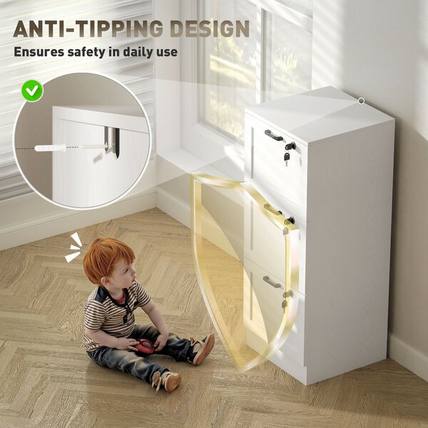 HOMCOM 3-Drawer Filing Cabinet with Lock - White