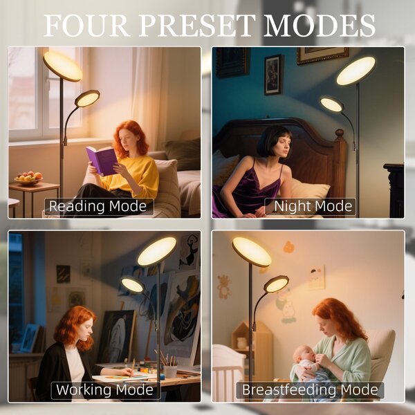 HOMCOM Mother and Child Uplighter Floor Lamp for Living Room, Stepless Dimmable Standing Lamp with 4 Scene Modes, 2700K-6500K Colour Temperature, 4 Brightness Levels, Remote & Touch Control, Black