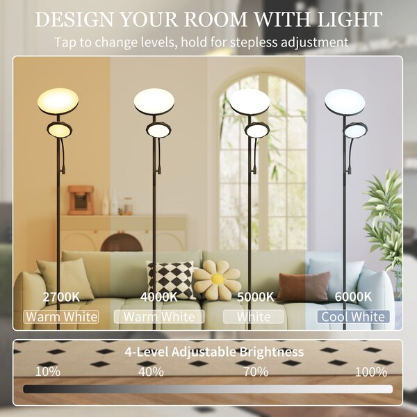 HOMCOM Mother and Child Uplighter Floor Lamp for Living Room, Stepless Dimmable Standing Lamp with 4 Scene Modes, 2700K-6500K Colour Temperature, 4 Brightness Levels, Remote & Touch Control, Black