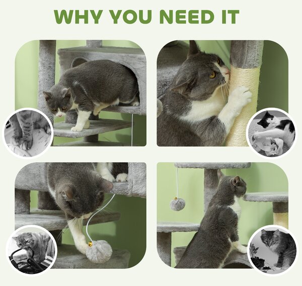 PawHut 138cm Cat Tree, Multi-Level Cat Tower with Scratching Posts and Pad, Bed, Condos, Platforms, Toy Balls, Light Grey