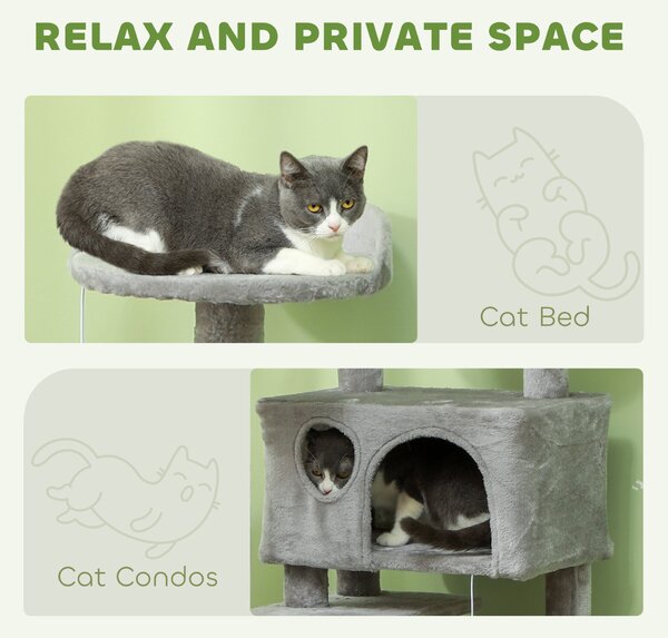PawHut 138cm Cat Tree, Multi-Level Cat Tower with Scratching Posts and Pad, Bed, Condos, Platforms, Toy Balls, Light Grey