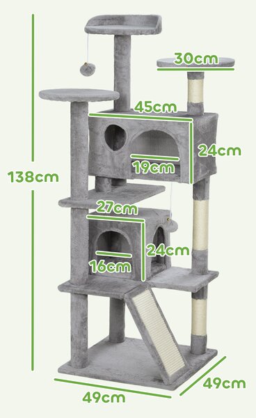 PawHut 138cm Cat Tree, Multi-Level Cat Tower with Scratching Posts and Pad, Bed, Condos, Platforms, Toy Balls, Light Grey