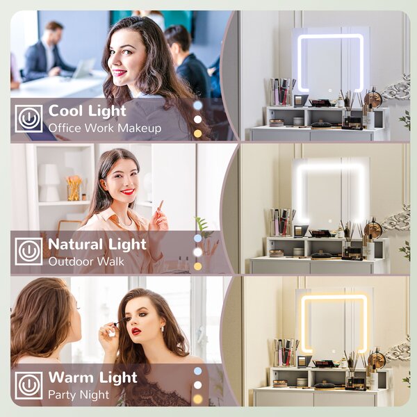 HOMCOM Dressing Table with Mirror and LED Lights, Vanity Table with Drawers, Compartments, Colour Lighting for Women and Girls, White Aosom UK
