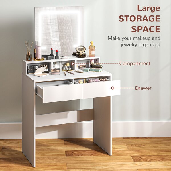 HOMCOM Dressing Table with Mirror and LED Lights, Vanity Table with Drawers, Compartments, Colour Lighting for Women and Girls, White Aosom UK