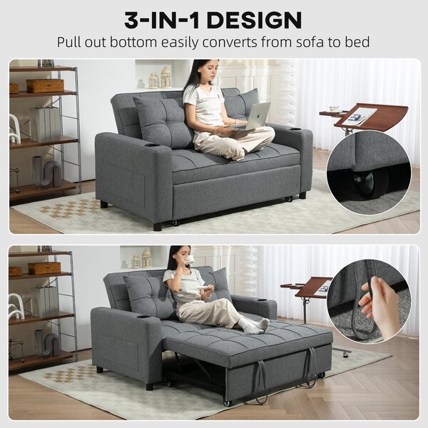 HOMCOM Two-Seater Pull-Out Sofa Bed, Cat Scratch Resistant, Charcoal Grey Aosom UK