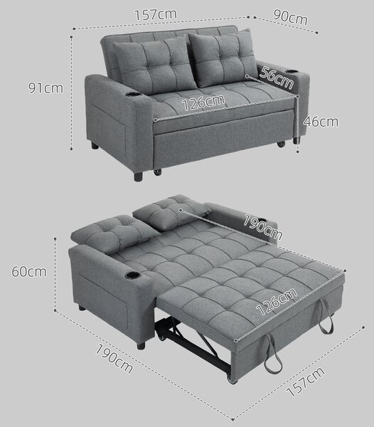 HOMCOM Two-Seater Pull-Out Sofa Bed, Cat Scratch Resistant, Charcoal Grey Aosom UK