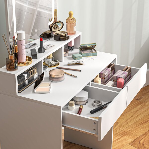 HOMCOM Dressing Table with Mirror and LED Lights, Vanity Table with Drawers, Compartments, Colour Lighting for Women and Girls, White Aosom UK