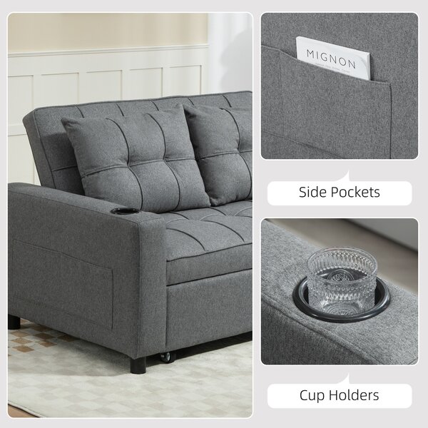 HOMCOM Two-Seater Pull-Out Sofa Bed, Cat Scratch Resistant, Charcoal Grey Aosom UK