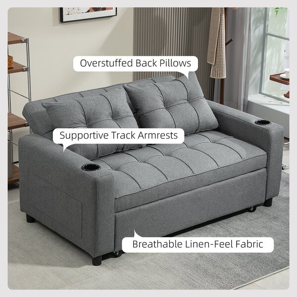 HOMCOM Two-Seater Pull-Out Sofa Bed, Cat Scratch Resistant, Charcoal Grey Aosom UK