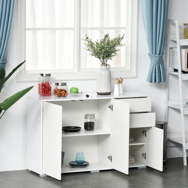 HOMCOM High Gloss Side Cabinet with 50kg Capacity Push Open Kitchen Sideboard Cabinet with 2 Drawers 2 Cabinets, White Aosom UK