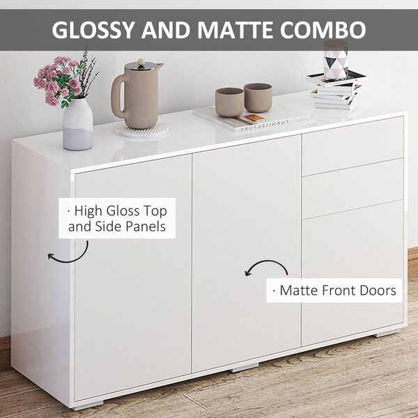 HOMCOM High Gloss Side Cabinet with 50kg Capacity Push Open Kitchen Sideboard Cabinet with 2 Drawers 2 Cabinets, White Aosom UK
