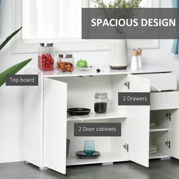 HOMCOM High Gloss Side Cabinet with 50kg Capacity Push Open Kitchen Sideboard Cabinet with 2 Drawers 2 Cabinets, White Aosom UK