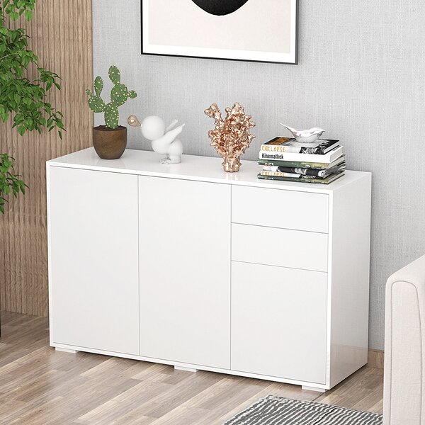 HOMCOM High Gloss Side Cabinet with 50kg Capacity Push Open Kitchen Sideboard Cabinet with 2 Drawers 2 Cabinets, White Aosom UK