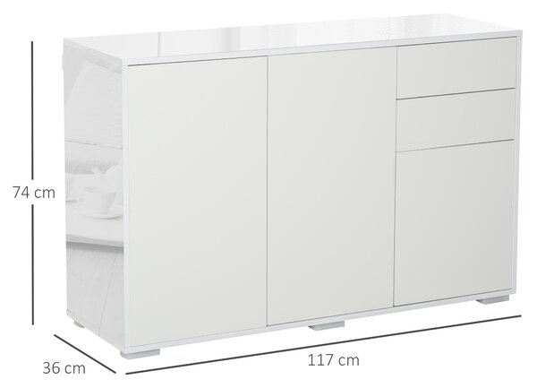 HOMCOM High Gloss Side Cabinet with 50kg Capacity Push Open Kitchen Sideboard Cabinet with 2 Drawers 2 Cabinets, White Aosom UK
