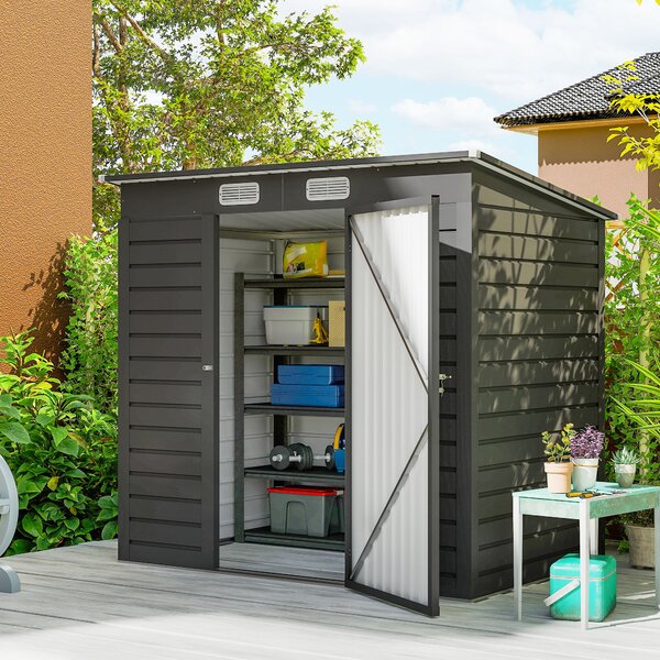 Outsunny 4 x 6ft Galvanised Metal Garden Shed with Locking Door and 2 Ventilation Slots - Grey