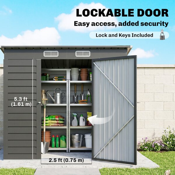 Outsunny 4 x 6ft Galvanised Metal Garden Shed with Locking Door and 2 Ventilation Slots - Grey