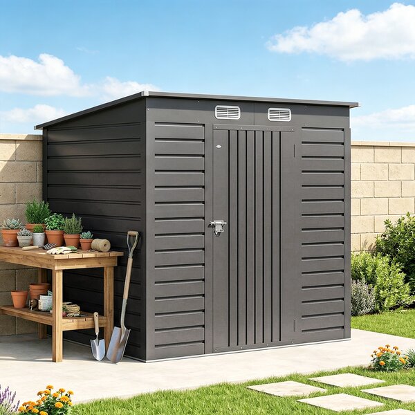 Outsunny 4 x 6ft Galvanised Metal Garden Shed with Locking Door and 2 Ventilation Slots - Grey