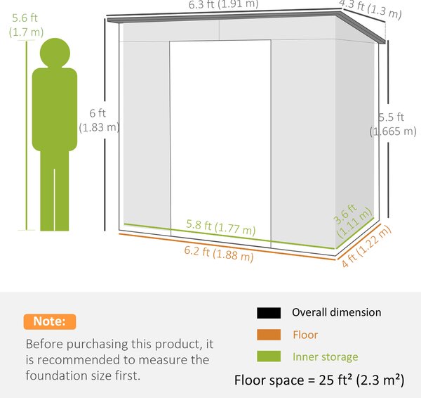 Outsunny 4 x 6ft Galvanised Metal Garden Shed with Locking Door and 2 Ventilation Slots - Grey