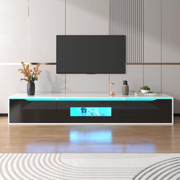 Black TV Unit with High Gloss and Color Changing LED Lights, TV Sideboard with 3 Storage Space, for Bedroom, 180L x 35W x 30H cm, Black Aosom.UK