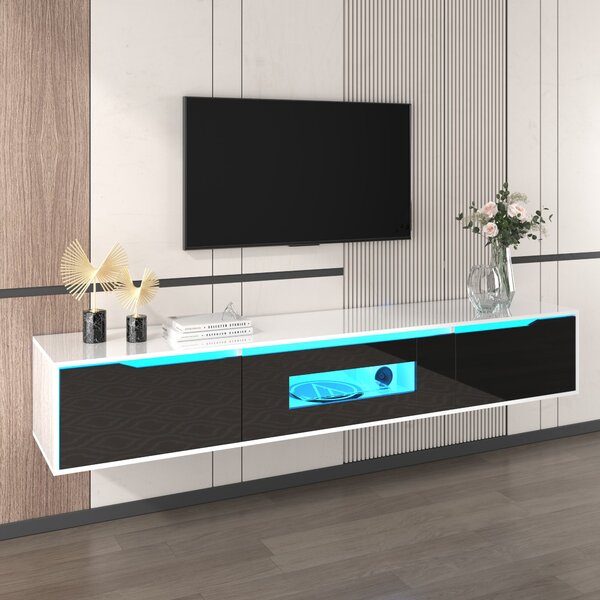 Black TV Unit with High Gloss and Color Changing LED Lights, TV Sideboard with 3 Storage Space, for Bedroom, 180L x 35W x 30H cm, Black Aosom.UK
