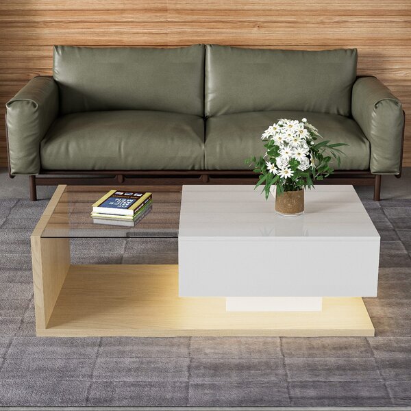 Rectangular Cocktail Table with Glass Top and LED Lights, Coffee Table with Drawer for Living Room, 105L x 55W x 32.5H cm, White+Natural Aosom.UK