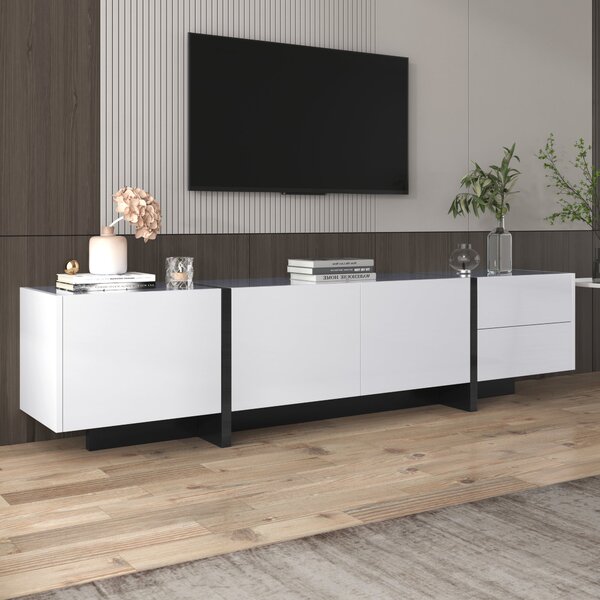 High-Gloss Modern TV Cabinet with Doors and Drawers, Entertainment Center with Storage, Black and White Design, 190x35x45 cm, White Aosom.UK