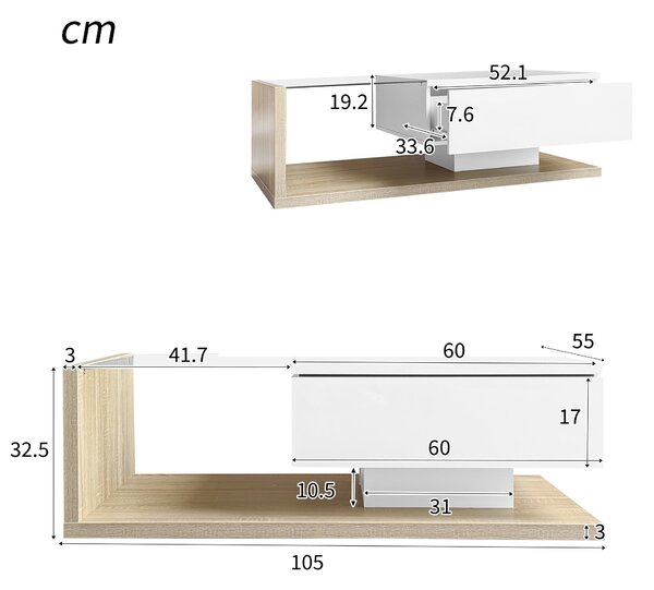 Rectangular Cocktail Table with Glass Top and LED Lights, Coffee Table with Drawer for Living Room, 105L x 55W x 32.5H cm, White+Natural Aosom.UK