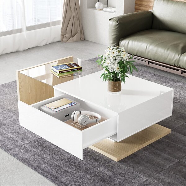 Rectangular Cocktail Table with Glass Top and LED Lights, Coffee Table with Drawer for Living Room, 105L x 55W x 32.5H cm, White+Natural Aosom.UK