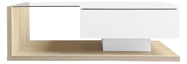 Rectangular Cocktail Table with Glass Top and LED Lights, Coffee Table with Drawer for Living Room, 105L x 55W x 32.5H cm, White+Natural Aosom.UK